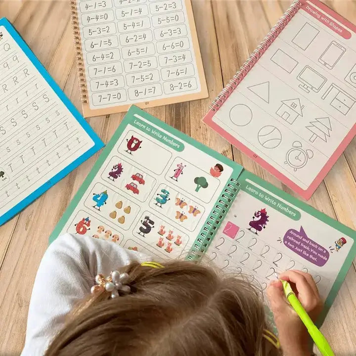 Sank Magic™ – Set 4.Cuadernos Montessori reutilizables + Lapiz con 10 repuestos
