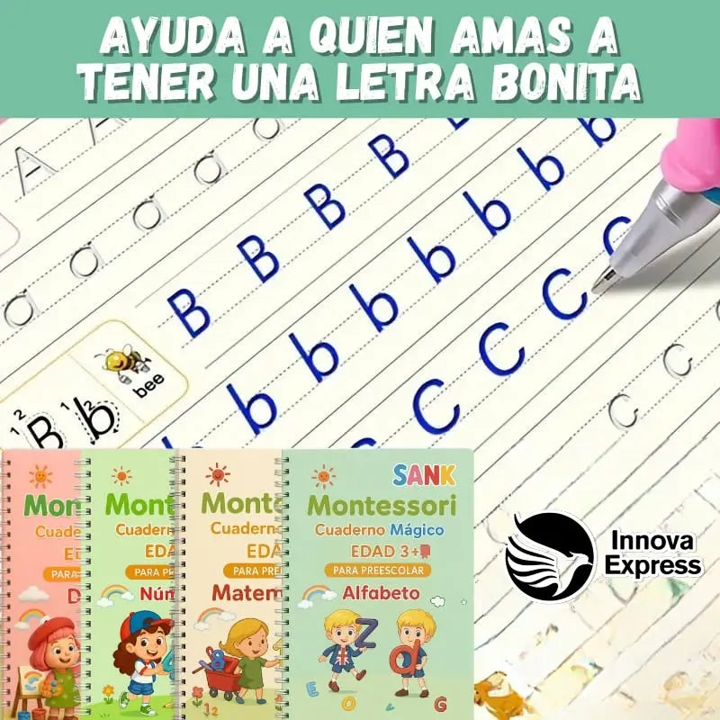 Sank Magic™ – Set 4.Cuadernos Montessori reutilizables + Lapiz con 10 repuestos