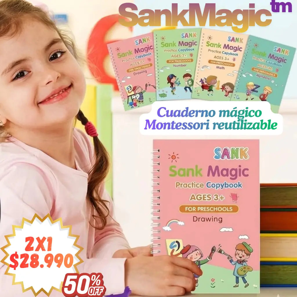 Sank Magic™ – Set 4.Cuadernos Montessori reutilizables + Lapiz con 10 repuestos