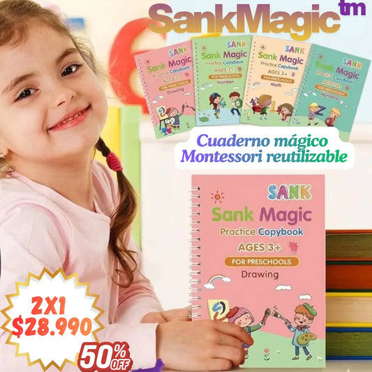 Sank Magic™ – Set 4.Cuadernos Montessori reutilizables + Lapiz con 10 repuestos